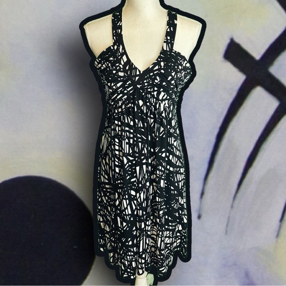 Calvin Klein Black & White Abstract Ruched V-Neck Sleeveless Jersey Knit Dress - Picture 1 of 10